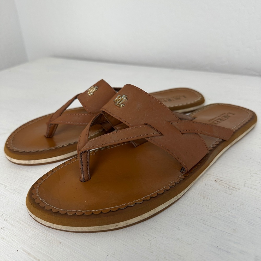 Lauren Ralph Lauren Sandals Womens 10B Rosalind Tan Strappy Thong Gold Logo